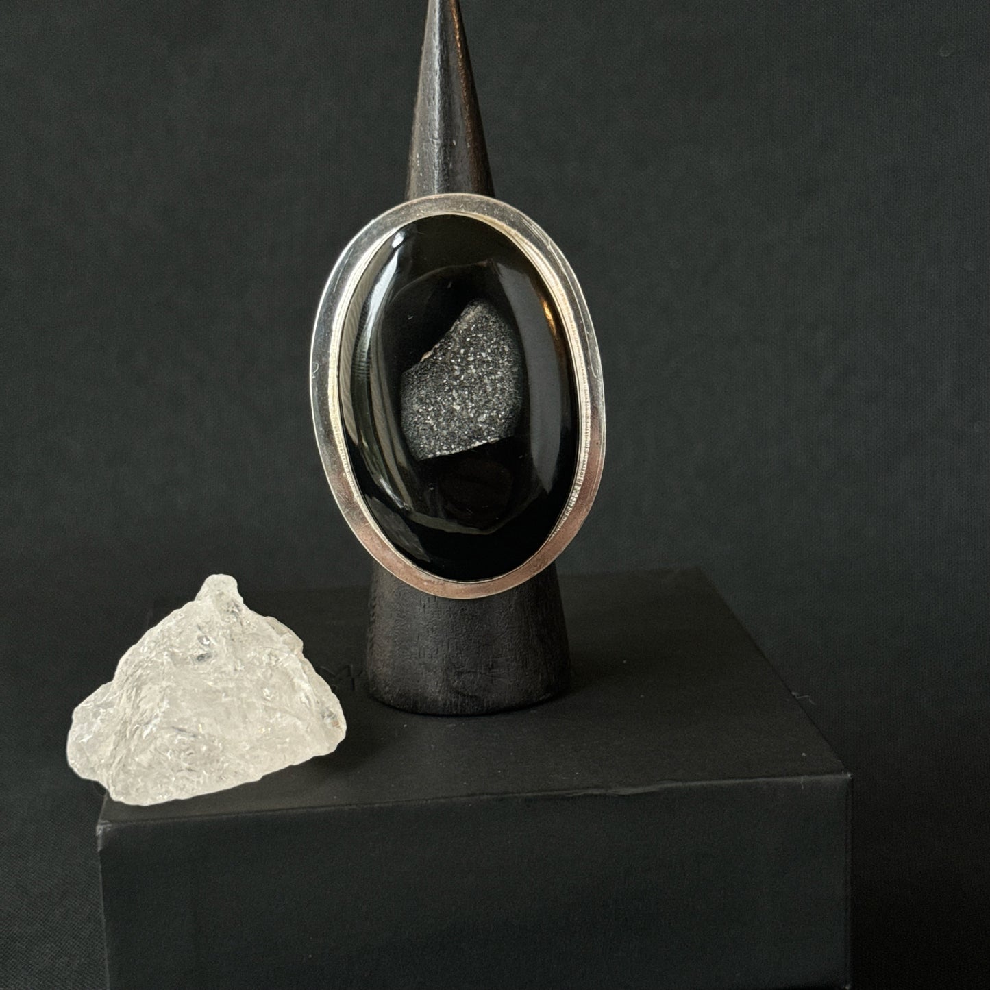 Large Oval Druzy Window Onyx Sterling Silver Ring - Size U 1/2