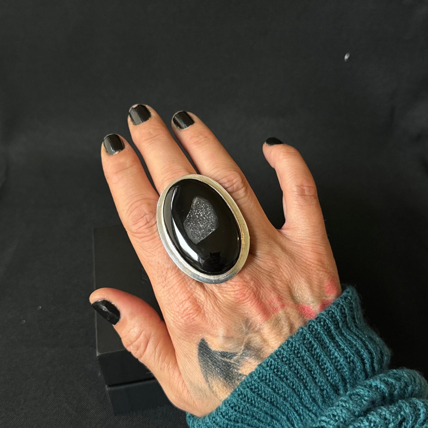 Large Oval Druzy Window Onyx Sterling Silver Ring - Size U 1/2