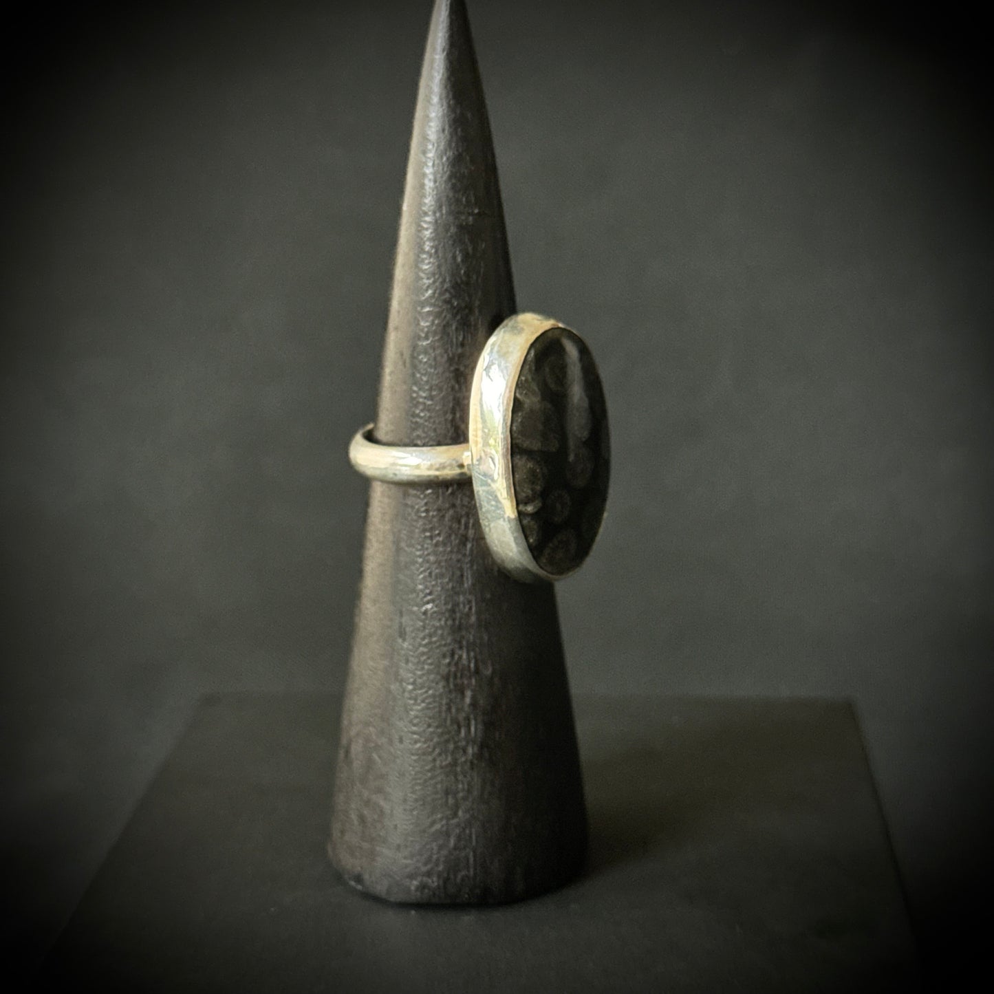 Black Fossil Coral Sterling Silver Ring - Size P