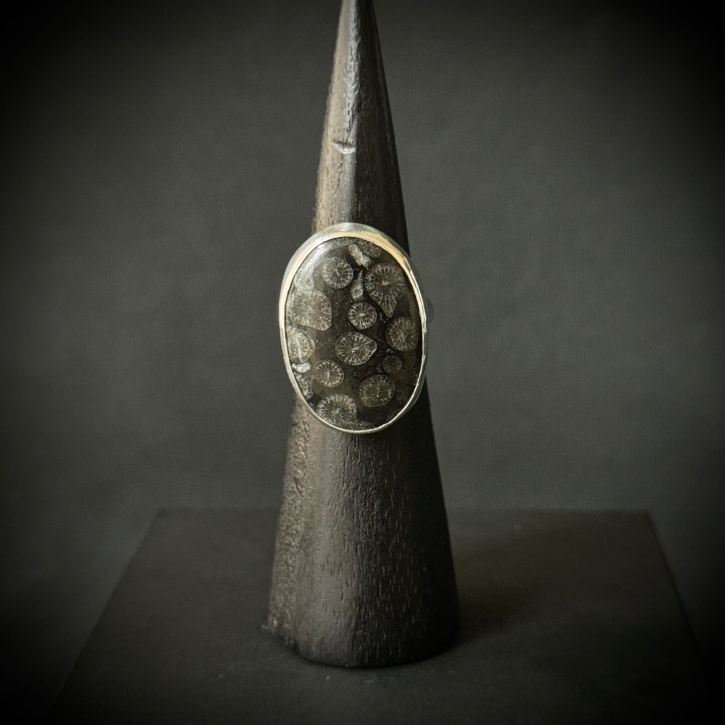 Black Fossil Coral Sterling Silver Ring - Size P