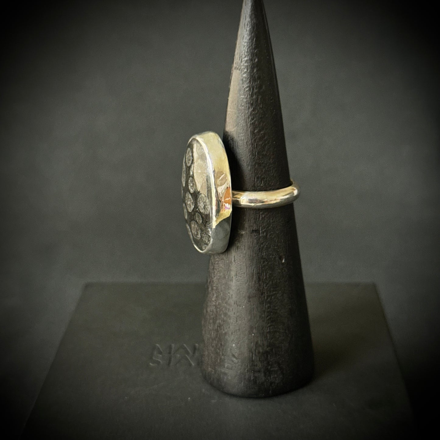 Black Fossil Coral Sterling Silver Ring - Size P