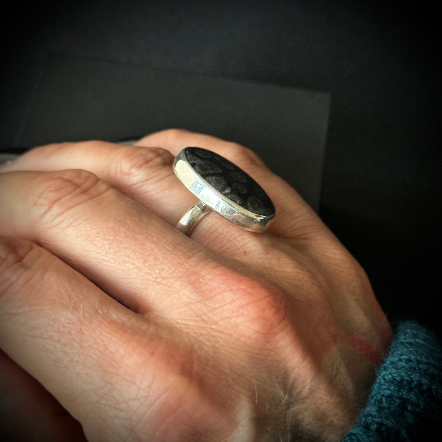 Black Fossil Coral Sterling Silver Ring - Size P