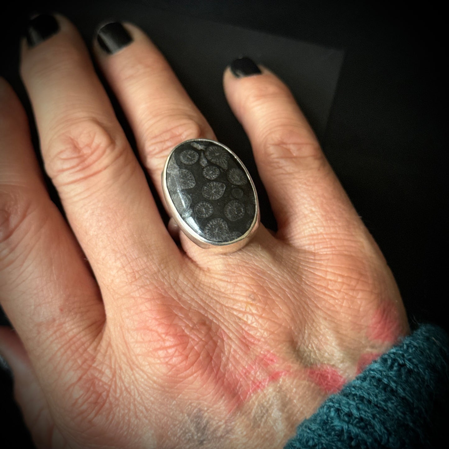 Black Fossil Coral Sterling Silver Ring - Size P