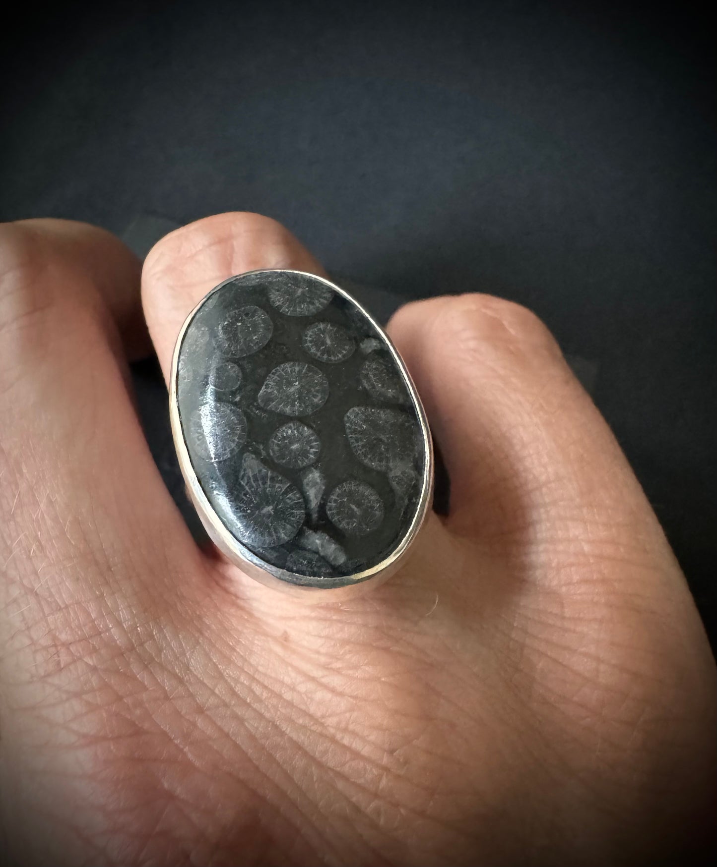 Black Fossil Coral Sterling Silver Ring - Size P