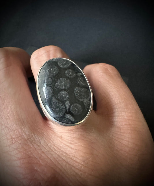 Black Fossil Coral Sterling Silver Ring - Size P