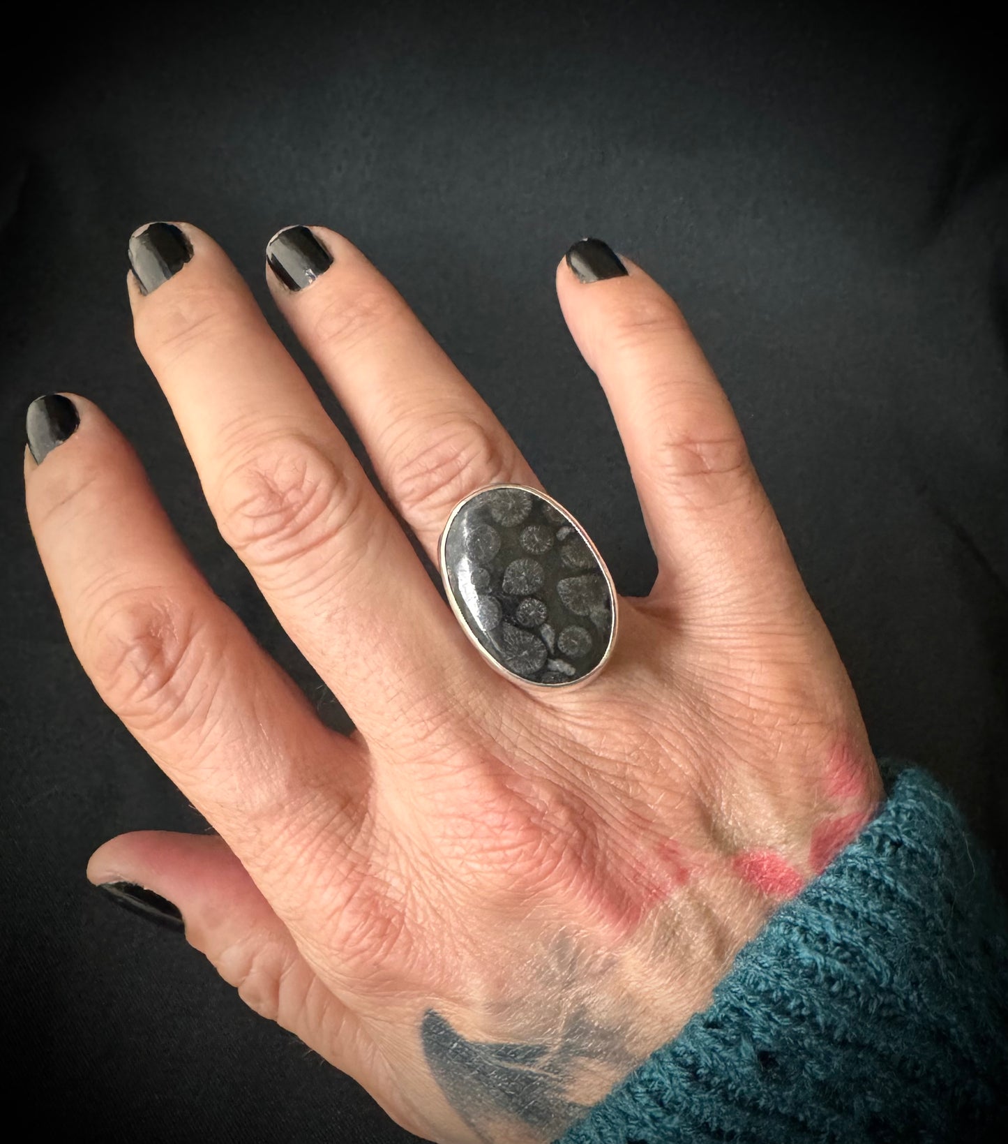 Black Fossil Coral Sterling Silver Ring - Size P