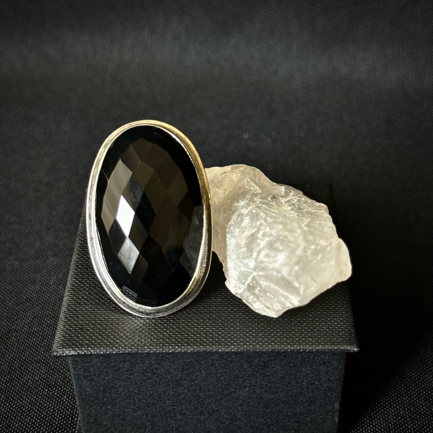 Large Oval Faceted Black Onyx Ring - Size Q