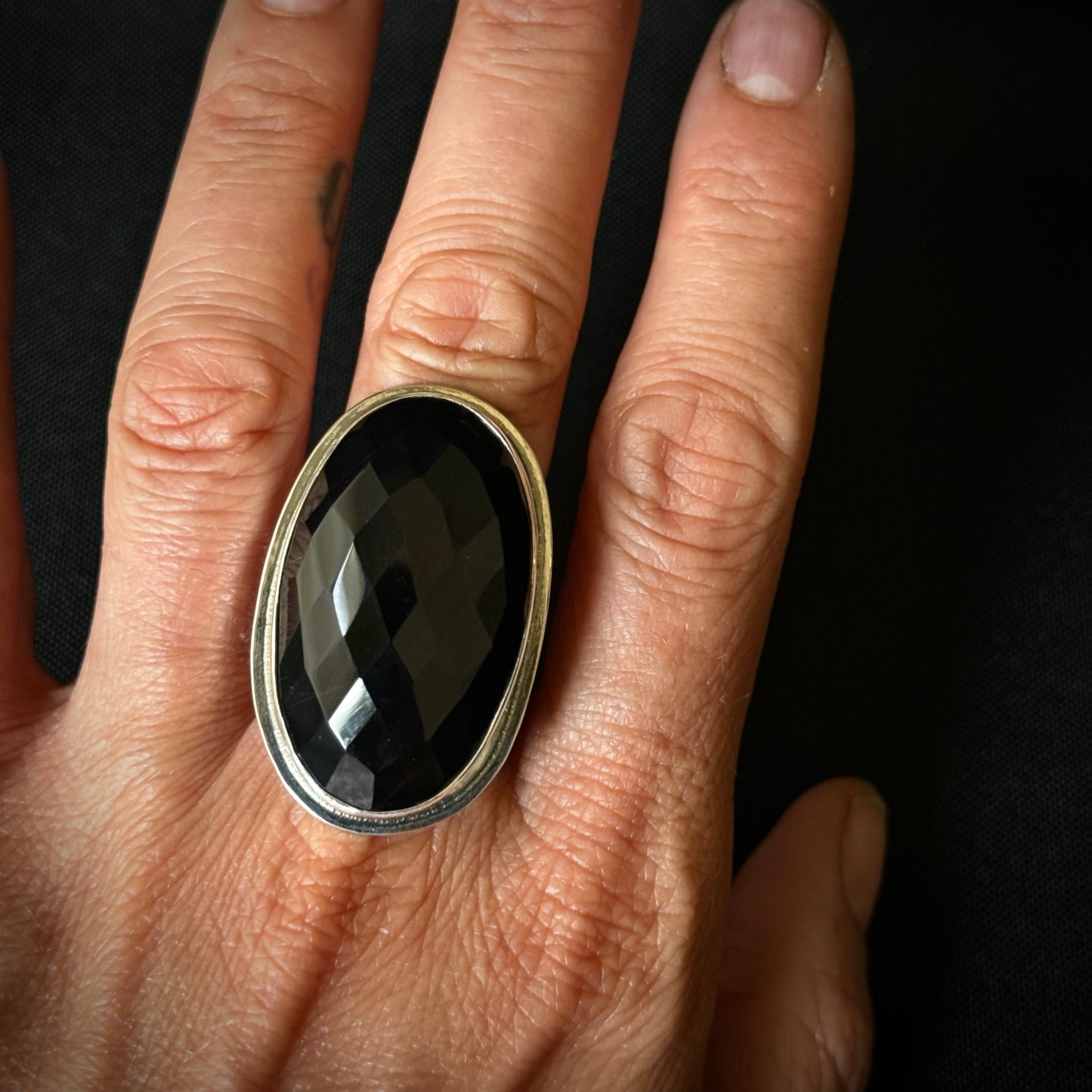 Large Oval Faceted Black Onyx Ring - Size Q