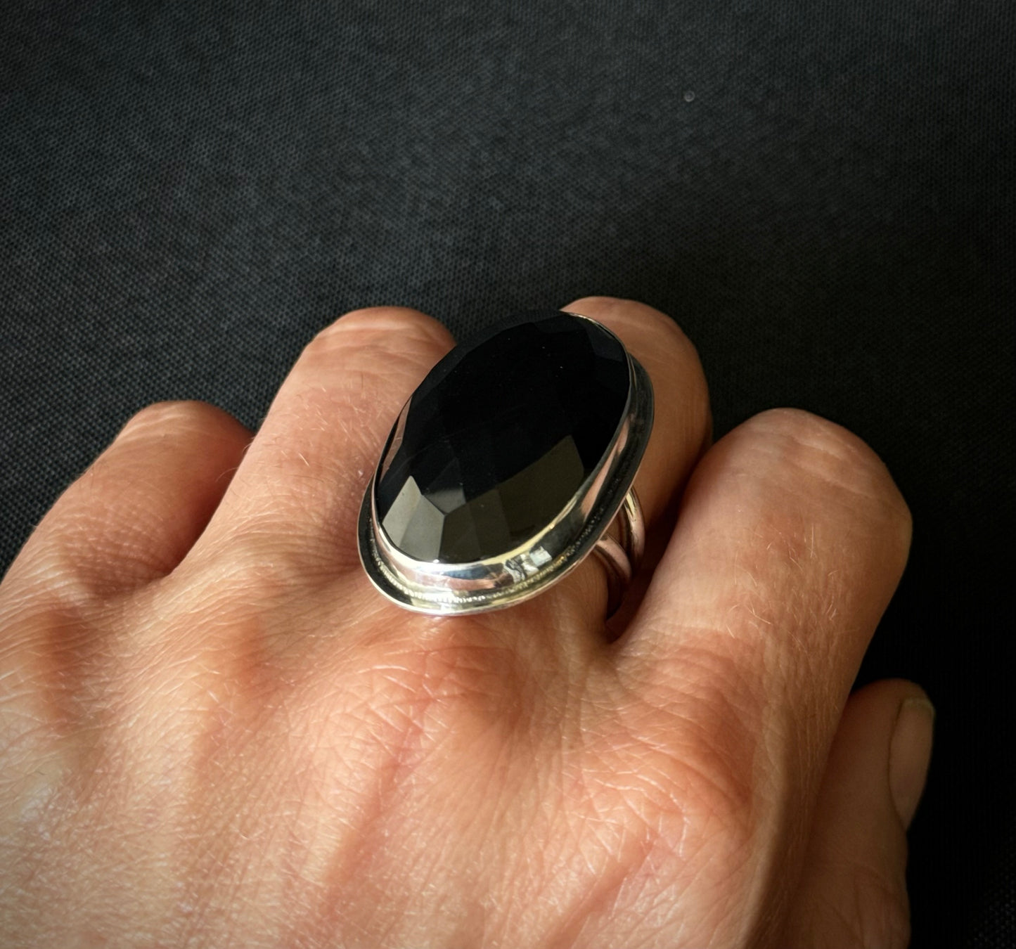 Large Oval Faceted Black Onyx Ring - Size Q