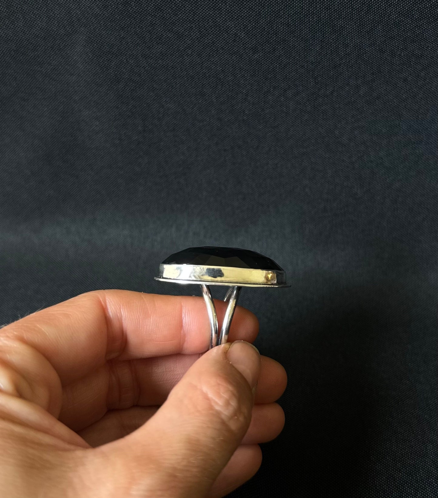 Large Oval Faceted Black Onyx Ring - Size Q