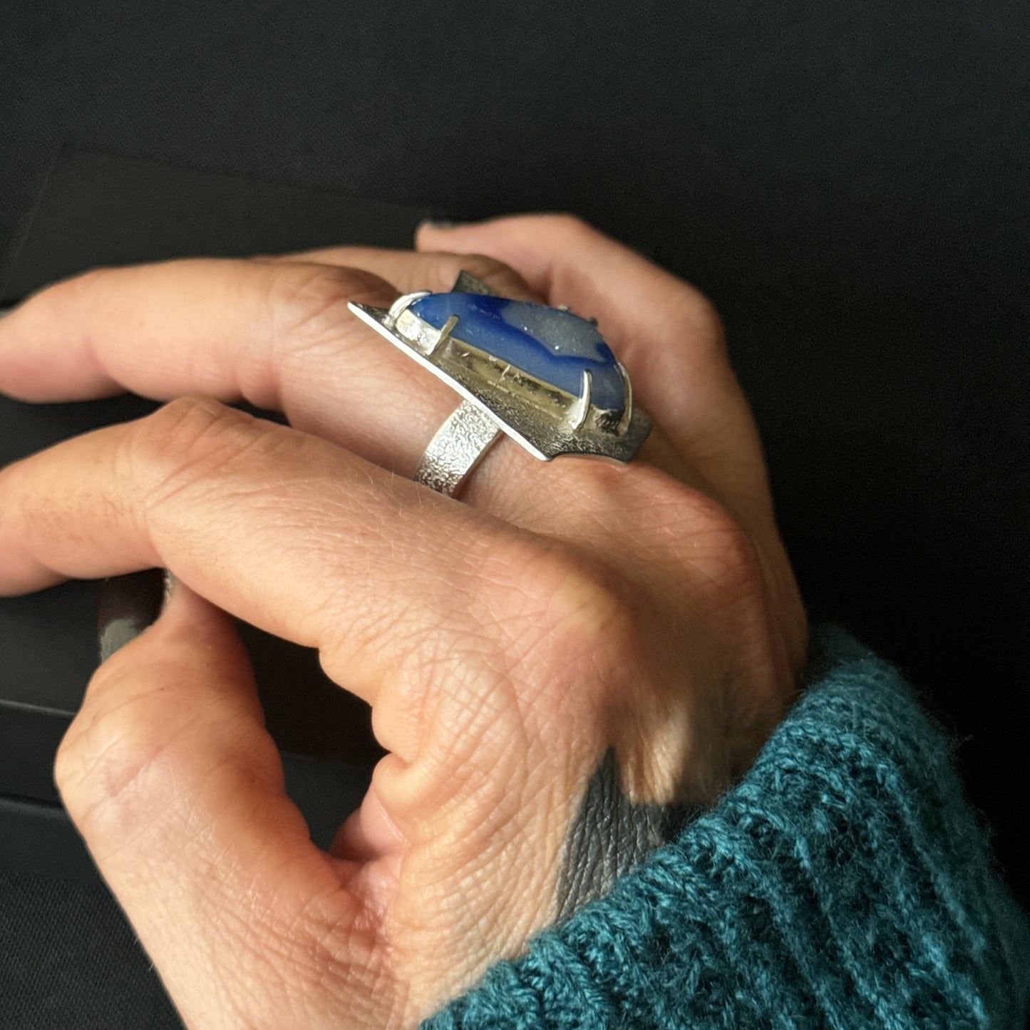 Blue Druzy Window Sterling Silver Ring - Size T