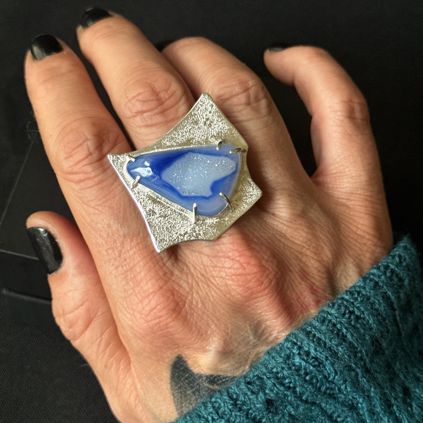 Blue Druzy Window Sterling Silver Ring - Size T