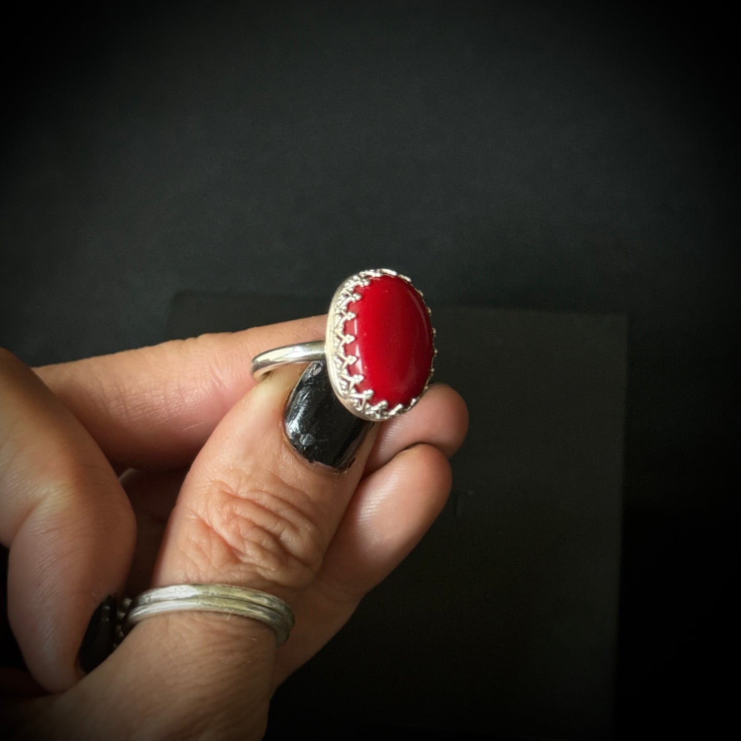 Coral Sterling Silver Ring - Size P 1/2
