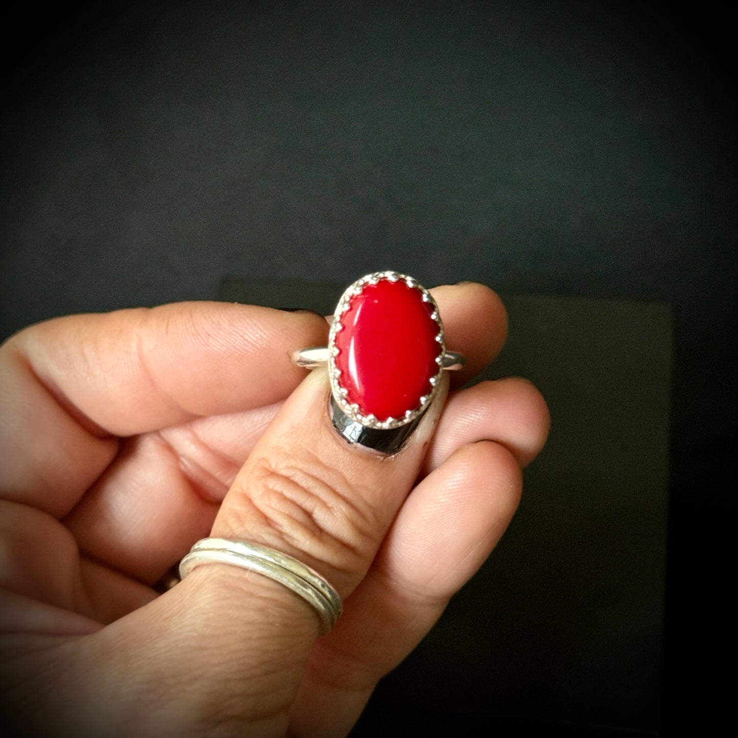Coral Sterling Silver Ring - Size P 1/2