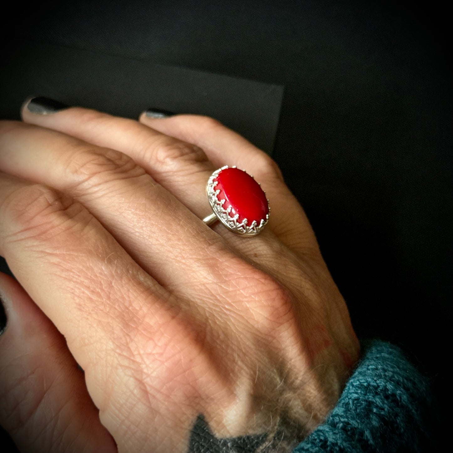 Coral Sterling Silver Ring - Size P 1/2