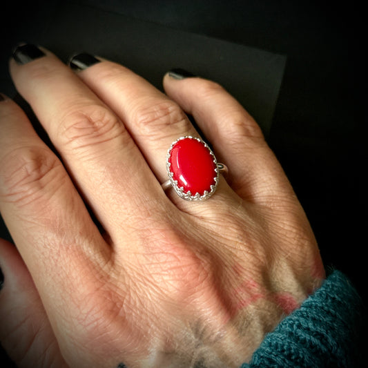 Coral Sterling Silver Ring - Size P 1/2