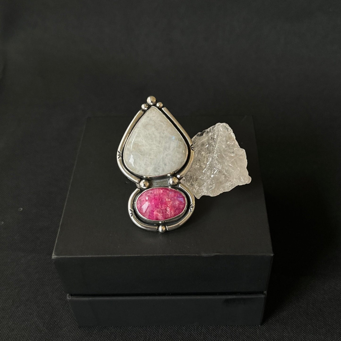 Double Rainbow Moonstone Sterling Silver Ring - Size K