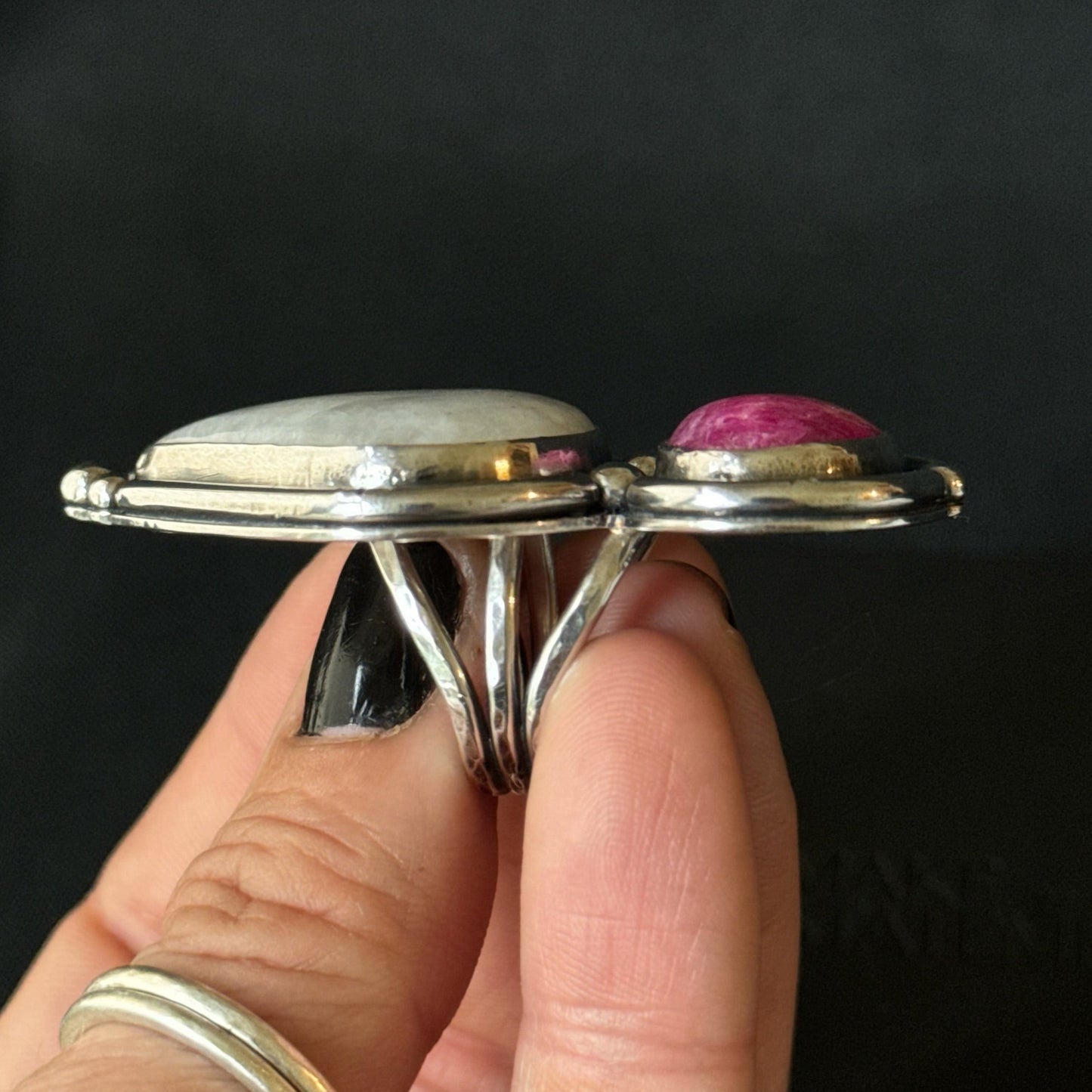 Double Rainbow Moonstone Sterling Silver Ring - Size K