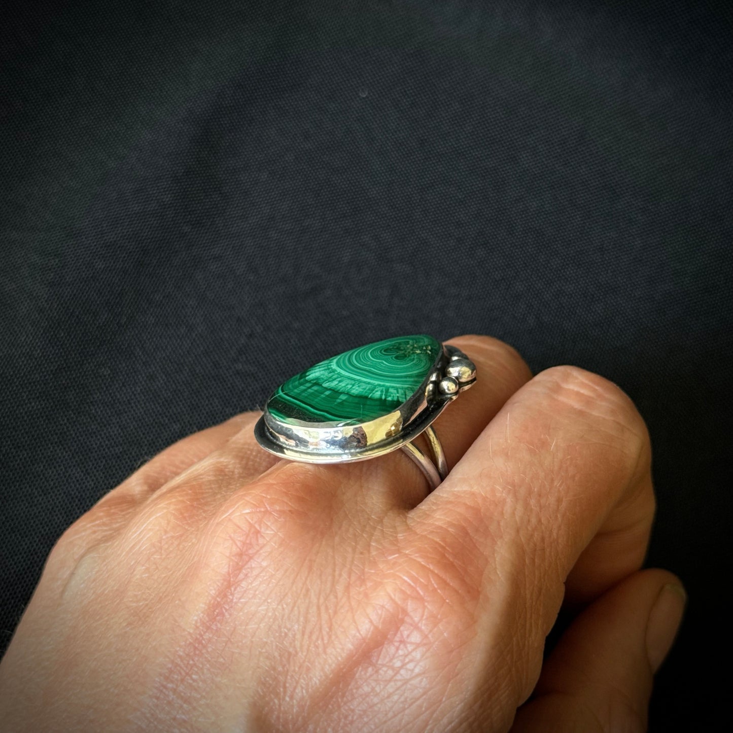 Malachite Sterling Silver Ring - Size T