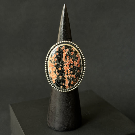 Mexican Flower Obisdian Sterling Silver Ring - Size L