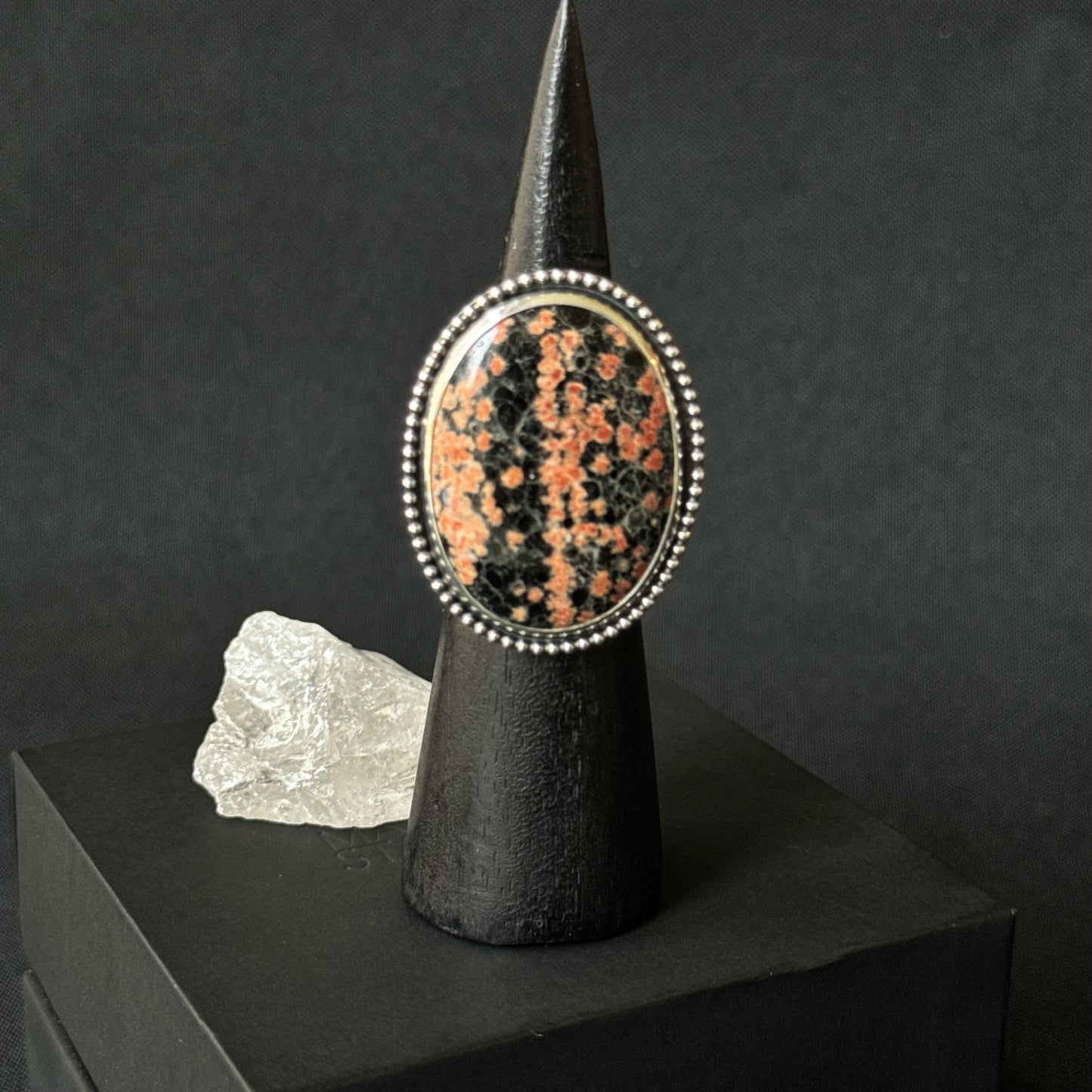 Mexican Flower Obisdian Sterling Silver Ring - Size L