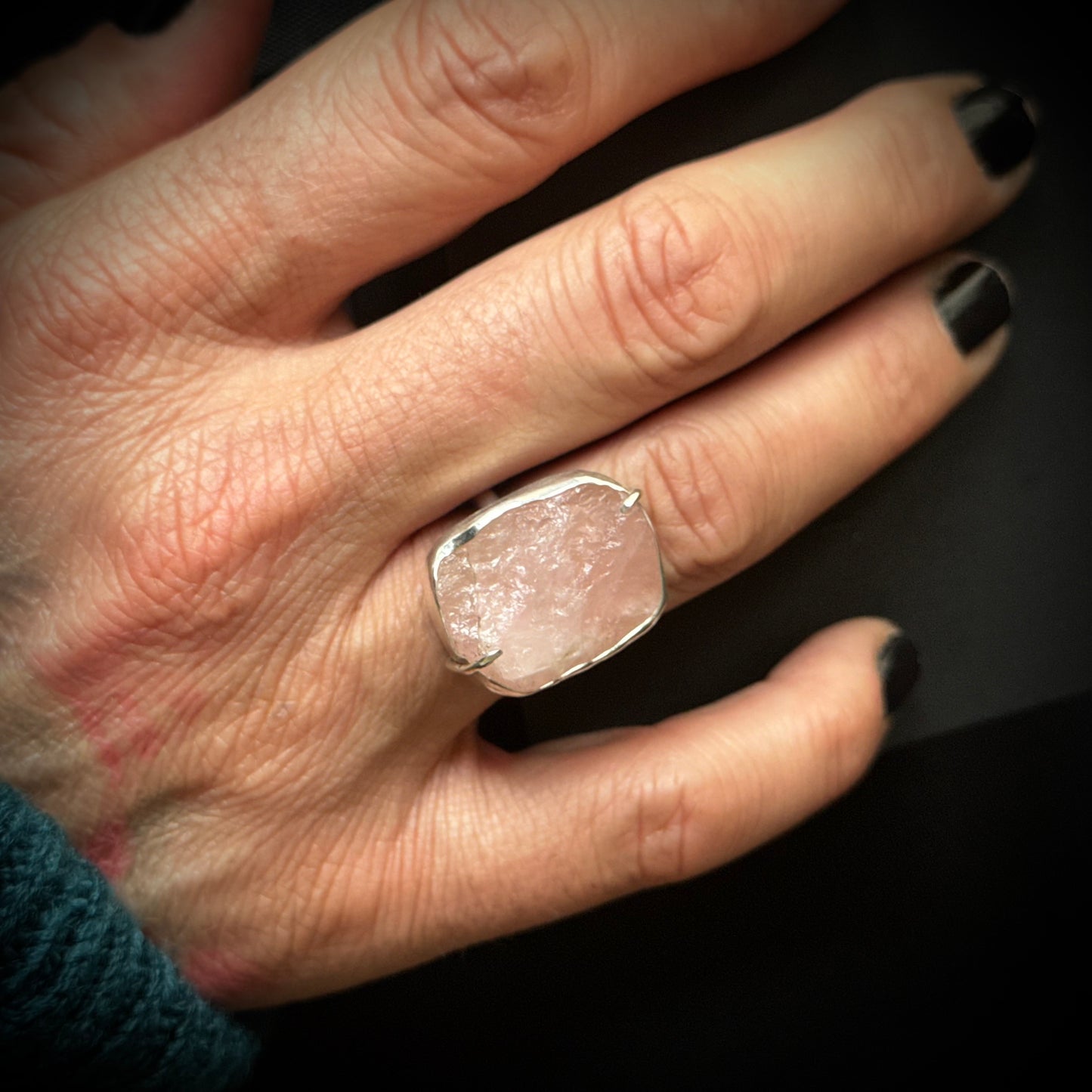 Rose Quartz Druzy Sterling Silver Ring - Size L 1/2