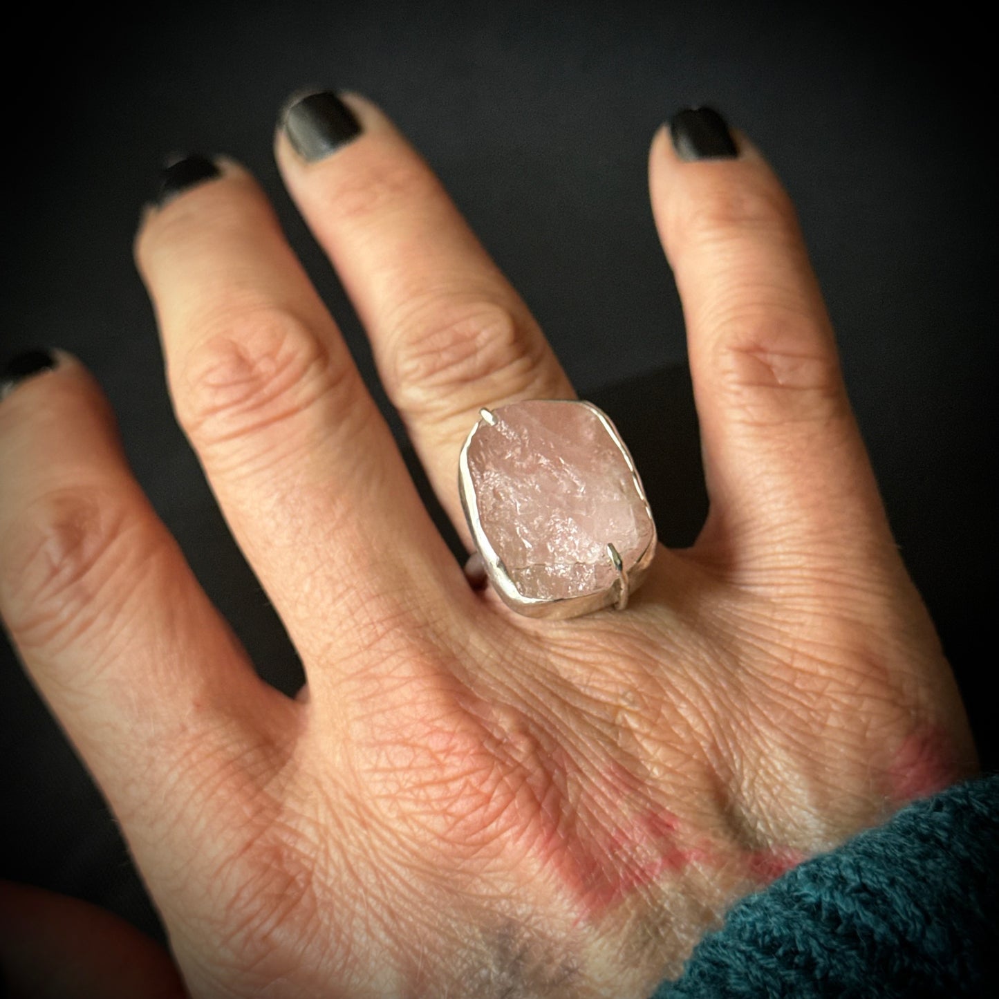 Rose Quartz Druzy Sterling Silver Ring - Size L 1/2