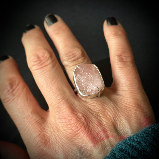 Rose Quartz Druzy Sterling Silver Ring - Size L 1/2