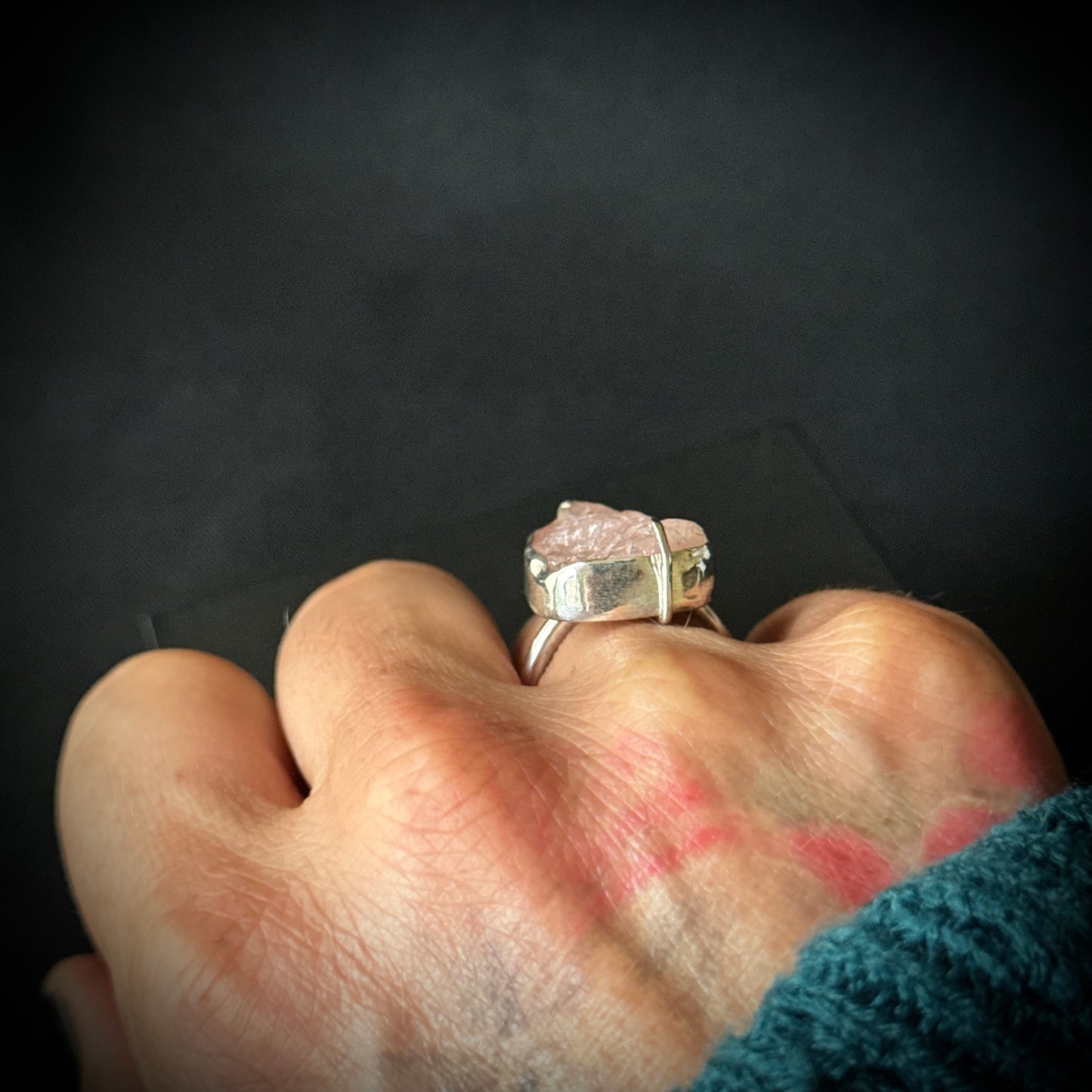 Rose Quartz Druzy Sterling Silver Ring - Size L 1/2