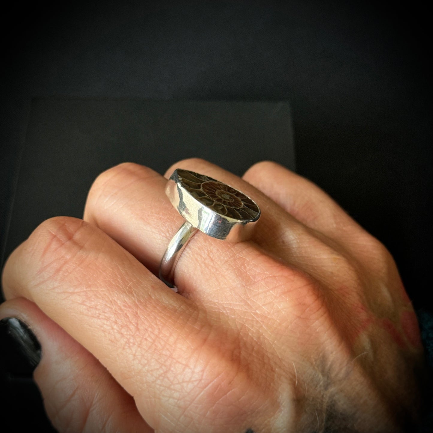 Small Ammonite Sterling Silver Ring - Size R 1/2