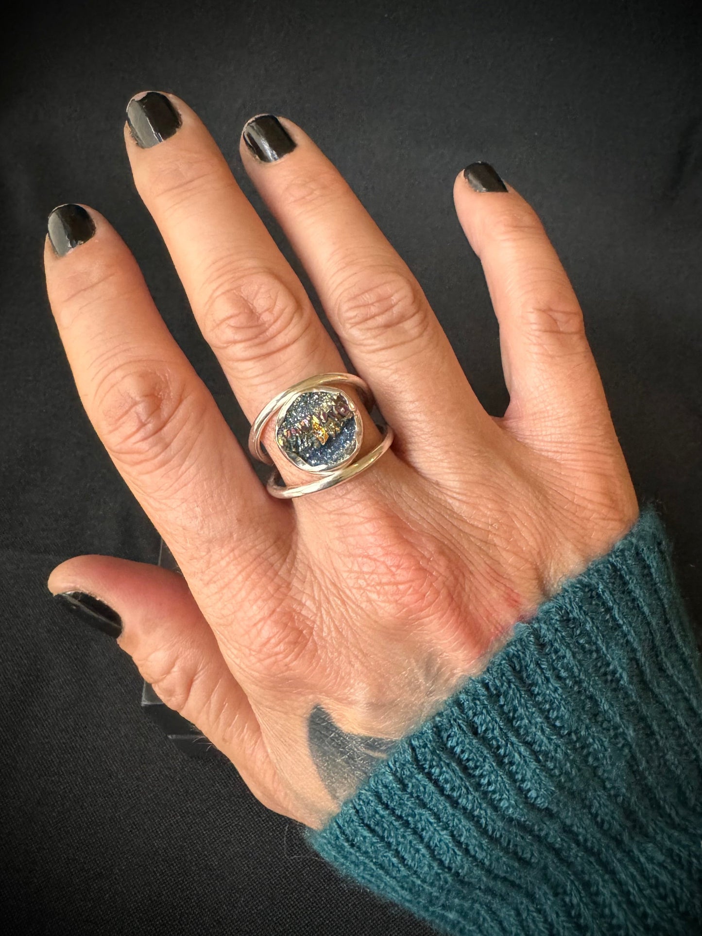 Titanium Druzy Sterling Silver Ring - Size T