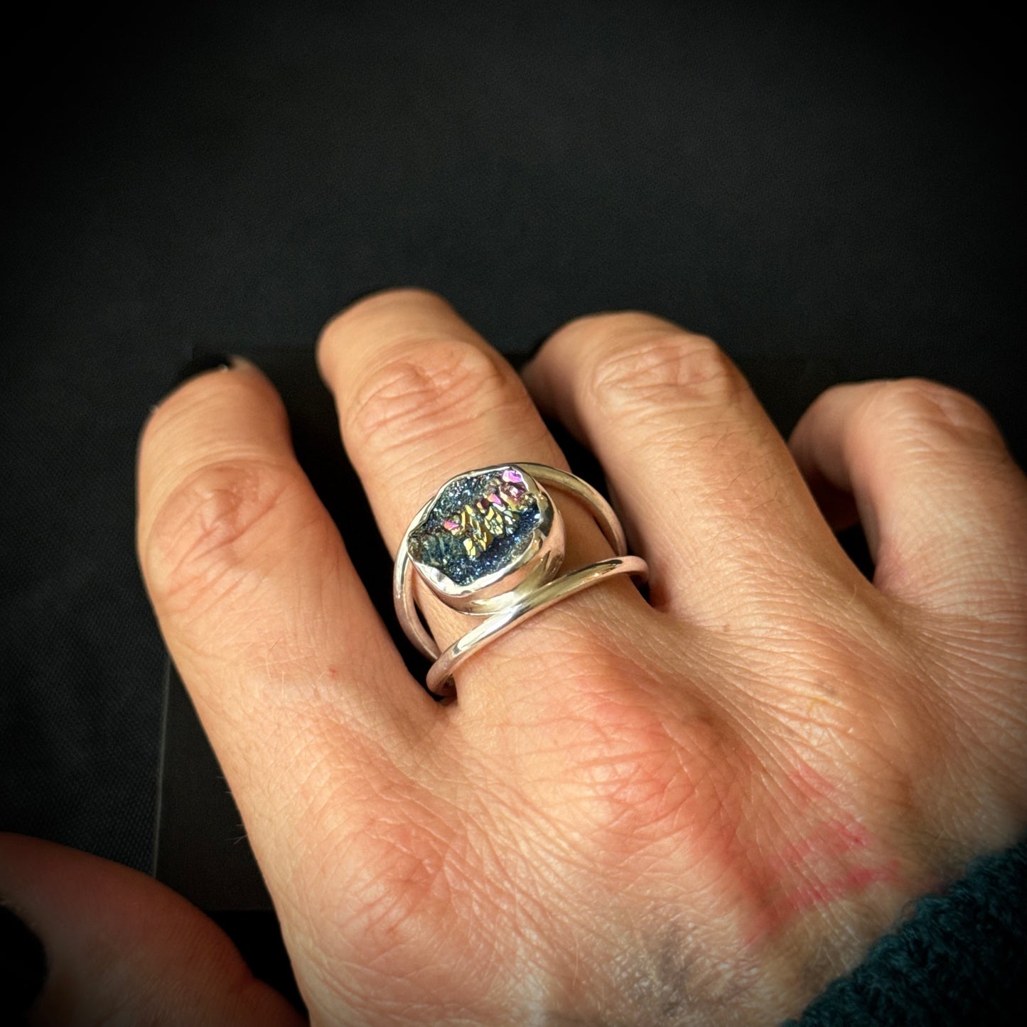 Titanium Druzy Sterling Silver Ring - Size T