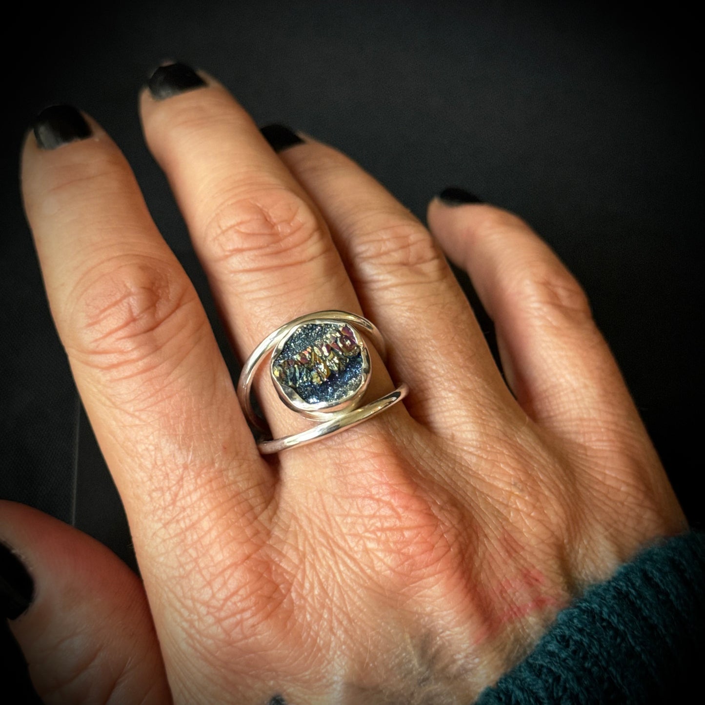 Titanium Druzy Sterling Silver Ring - Size T