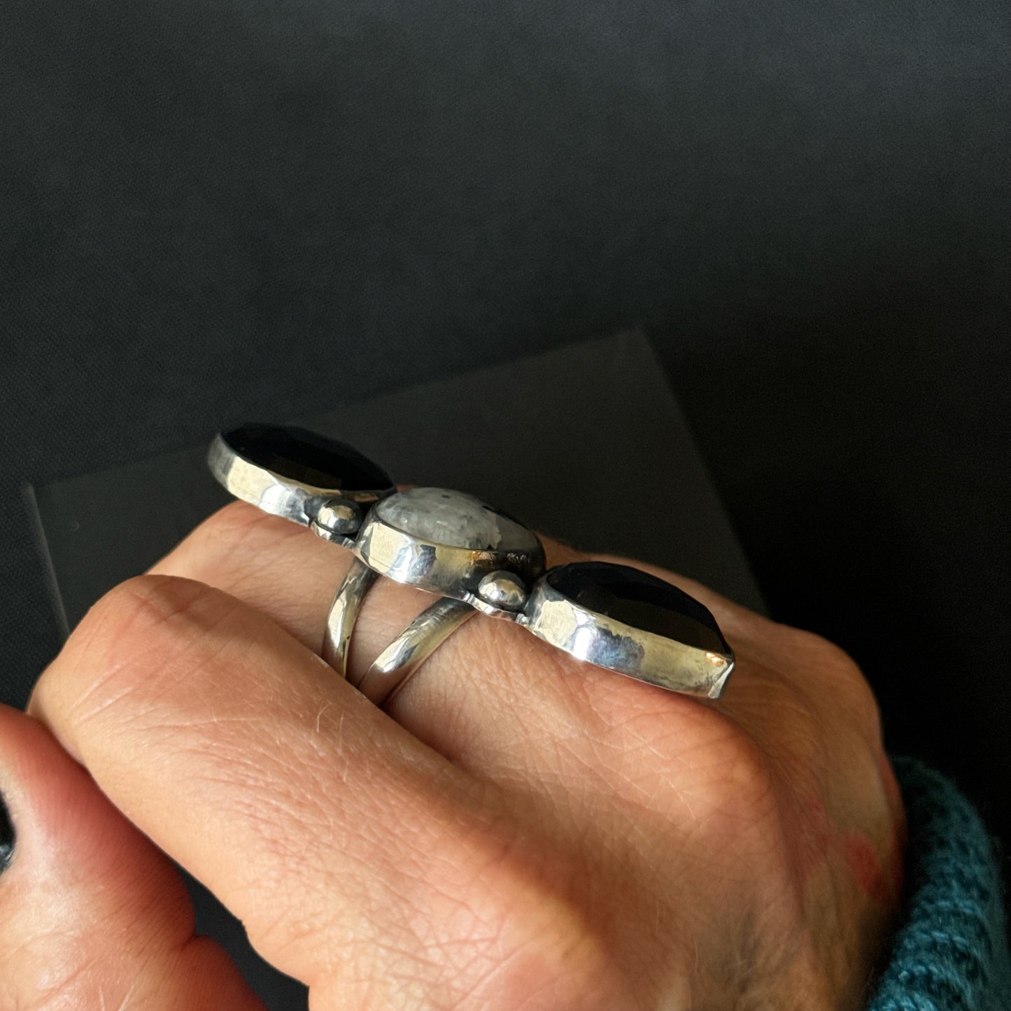 Rainbow Moonstone with Tourmaline and Black Onyx Triple Stone Sterling Silver Ring - Size S 1/2