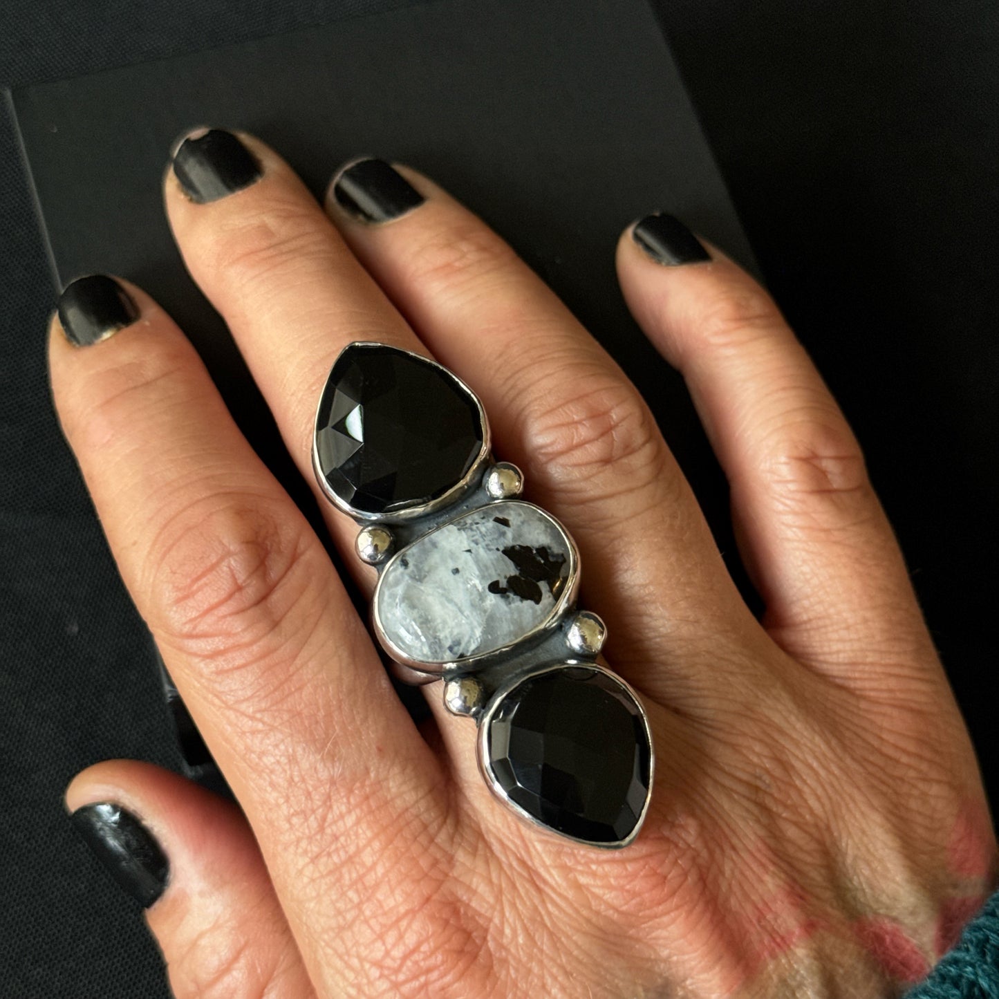 Rainbow Moonstone with Tourmaline and Black Onyx Triple Stone Sterling Silver Ring - Size S 1/2