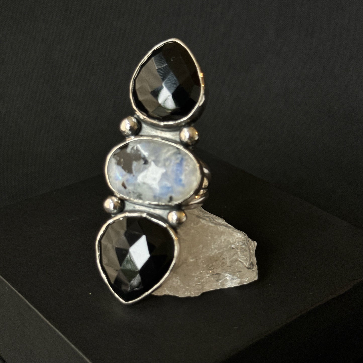 Rainbow Moonstone with Tourmaline and Black Onyx Triple Stone Sterling Silver Ring - Size S 1/2