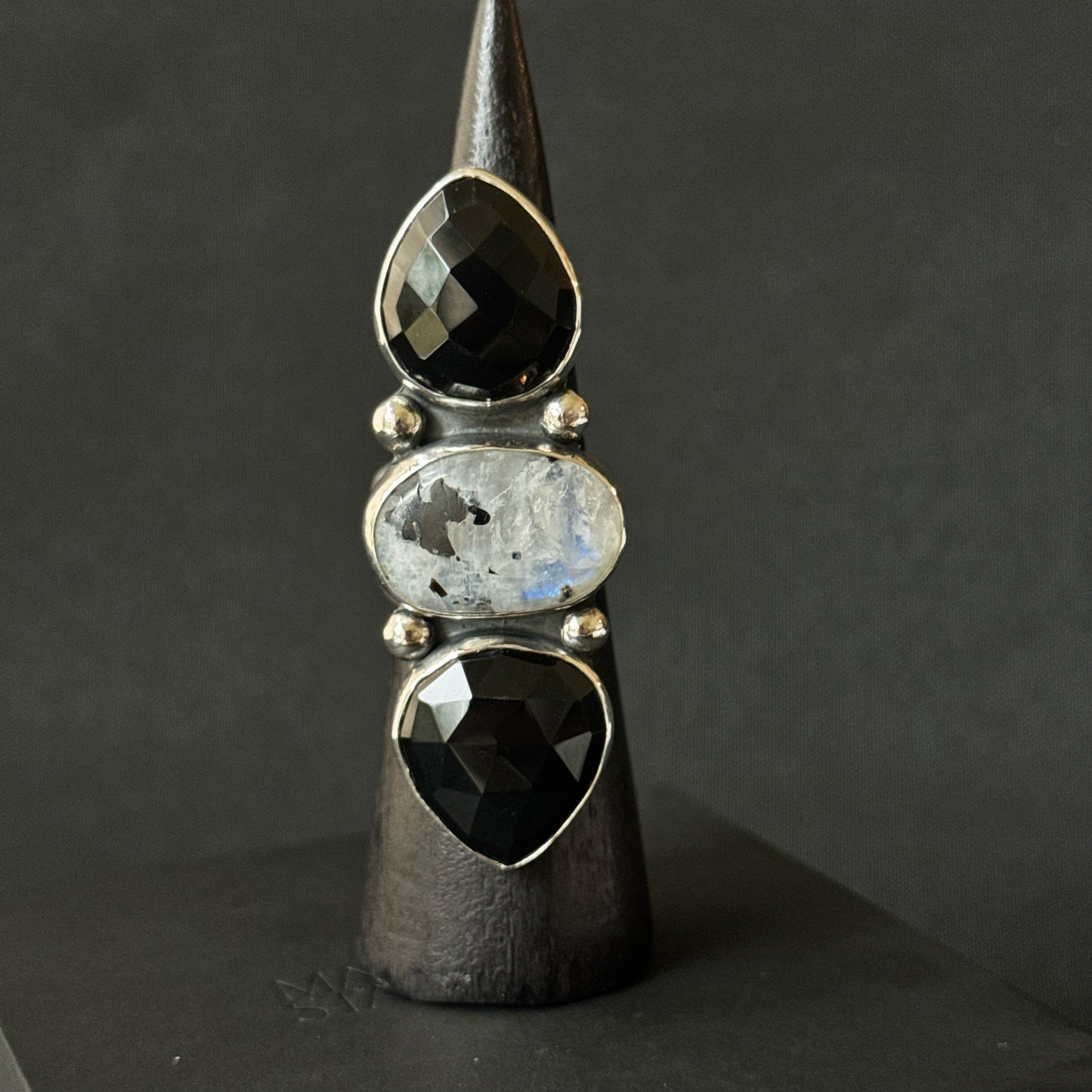 Rainbow Moonstone with Tourmaline and Black Onyx Triple Stone Sterling Silver Ring - Size S 1/2