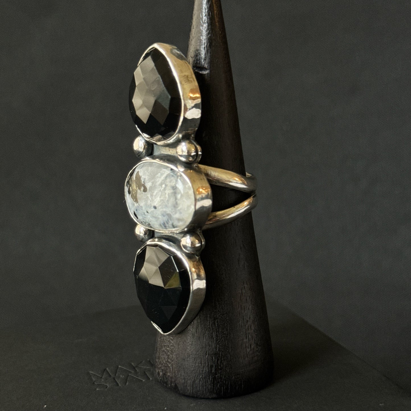 Rainbow Moonstone with Tourmaline and Black Onyx Triple Stone Sterling Silver Ring - Size S 1/2