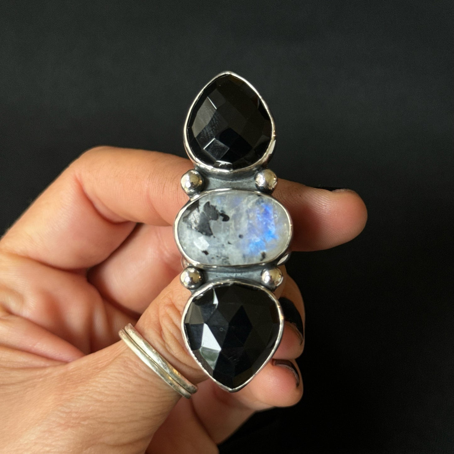 Rainbow Moonstone with Tourmaline and Black Onyx Triple Stone Sterling Silver Ring - Size S 1/2