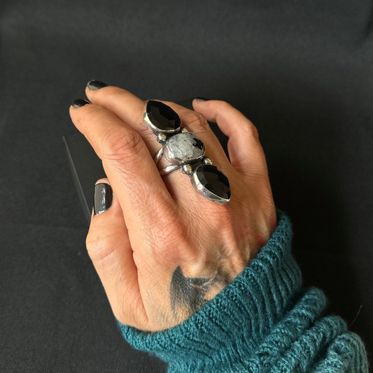 Rainbow Moonstone with Tourmaline and Black Onyx Triple Stone Sterling Silver Ring - Size S 1/2