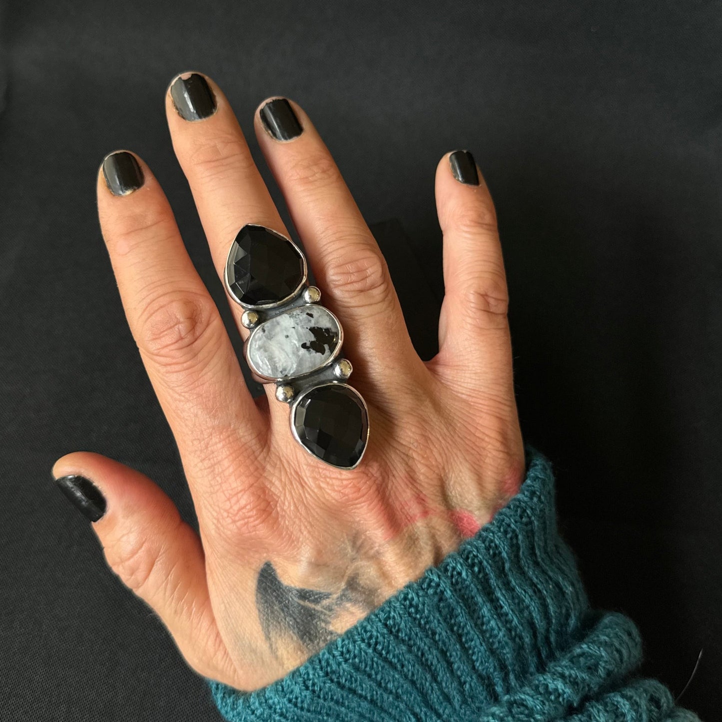 Rainbow Moonstone with Tourmaline and Black Onyx Triple Stone Sterling Silver Ring - Size S 1/2