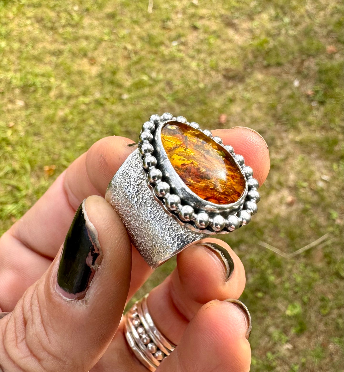 Amber Cuff Sterling Silver Ring - Size Q