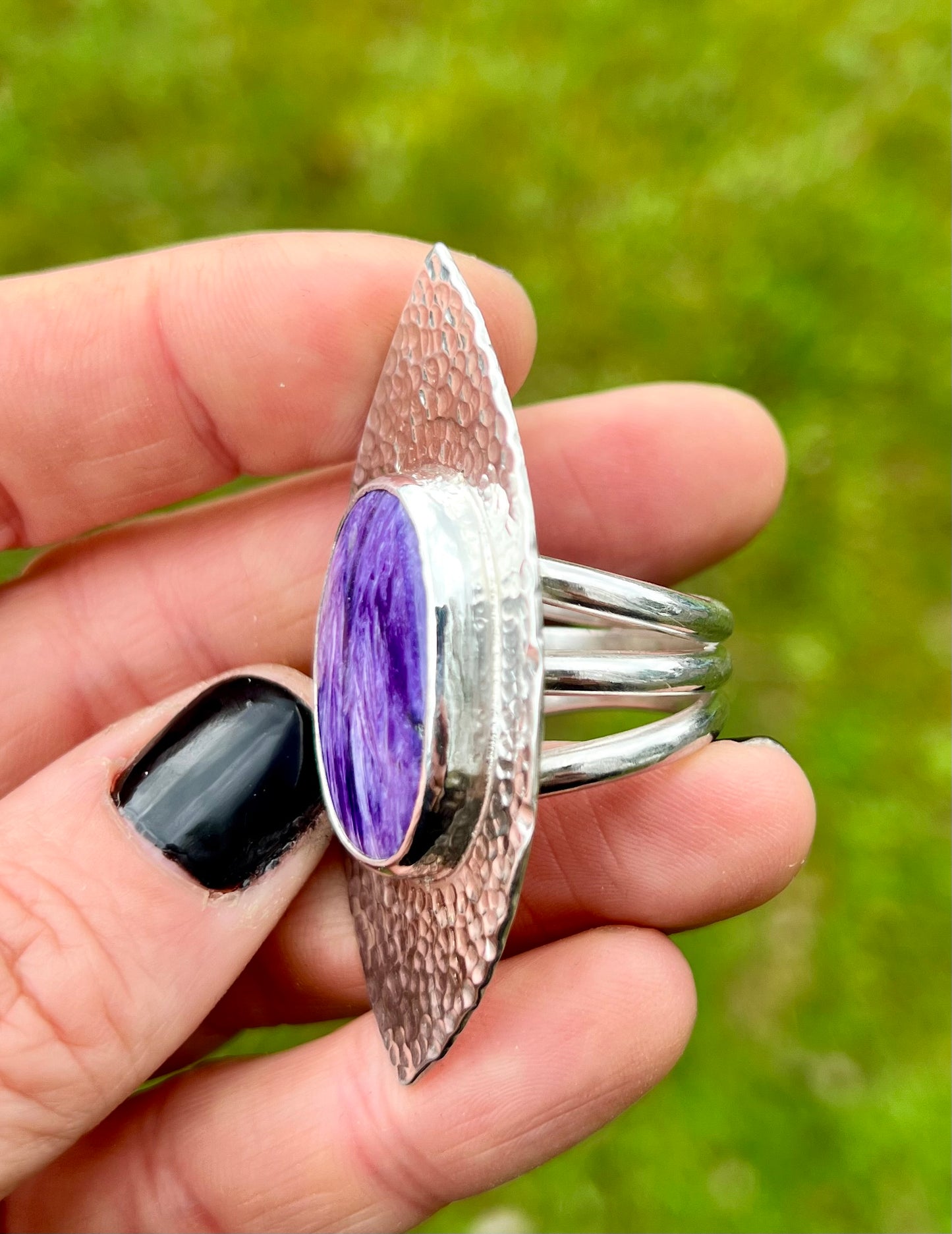 Charoite Hammered Shield Sterling Silver Ring - Size O