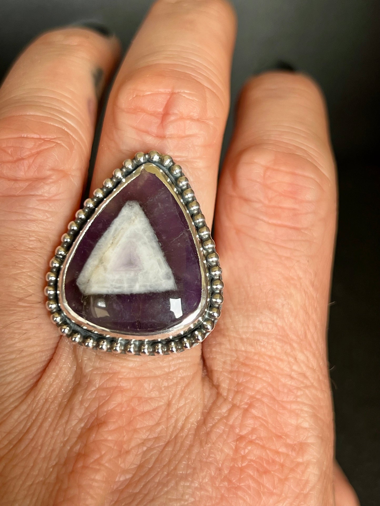 Trapiche Amethyst Sterling Silver Beaded Ring - Size P