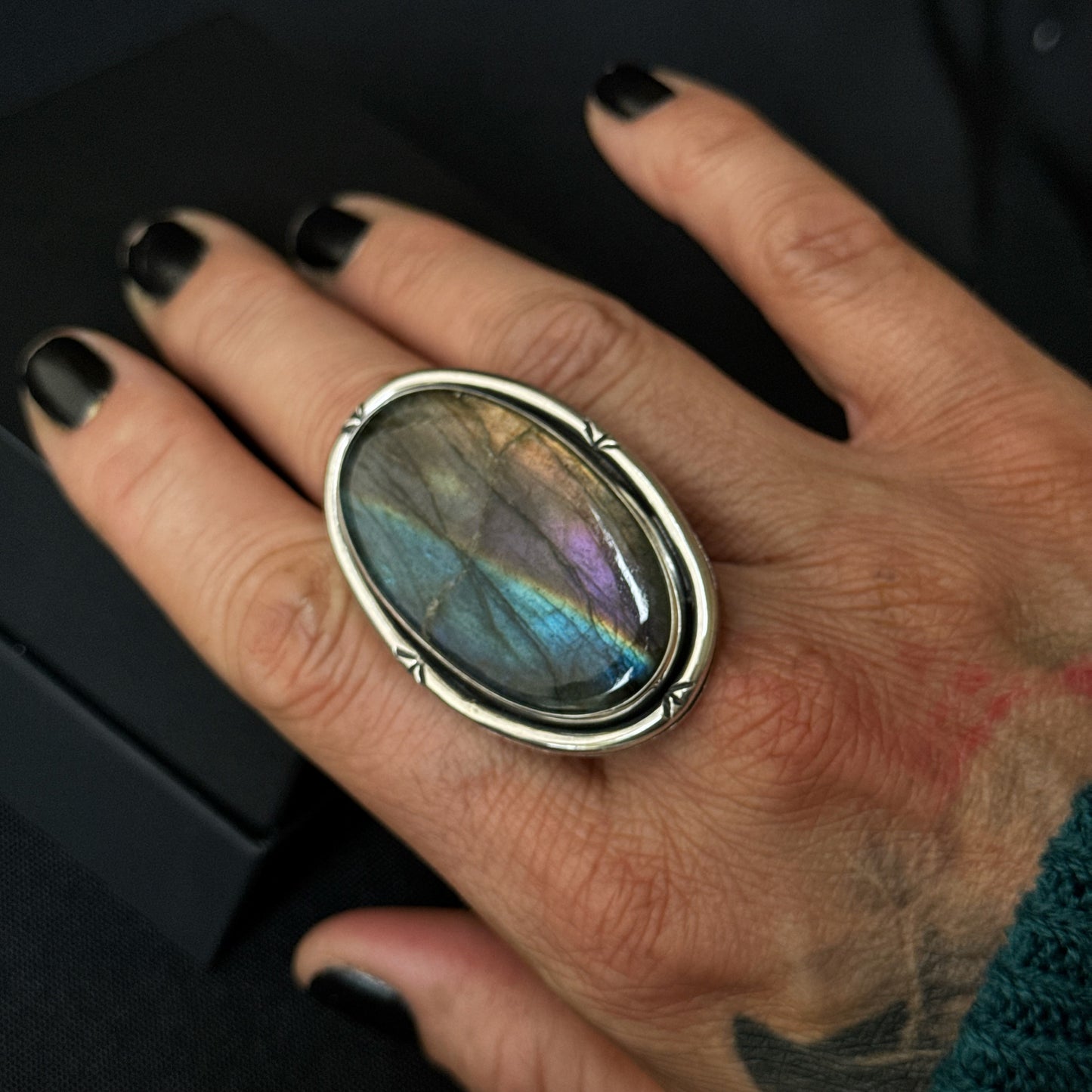 Large Oval Multi Flash Labradorite Sterling Silver Ring - Size S