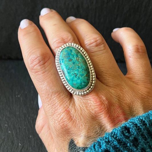 Large Oval Chrysocolla Beaded Ring - Size S