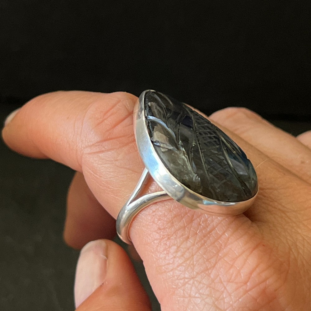 Carved Labradorite Sterling Silver Ring - Size R