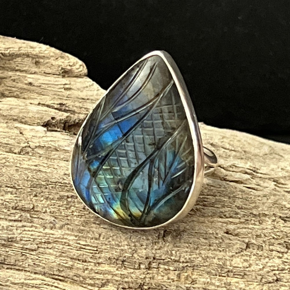 Carved Labradorite Sterling Silver Ring - Size R