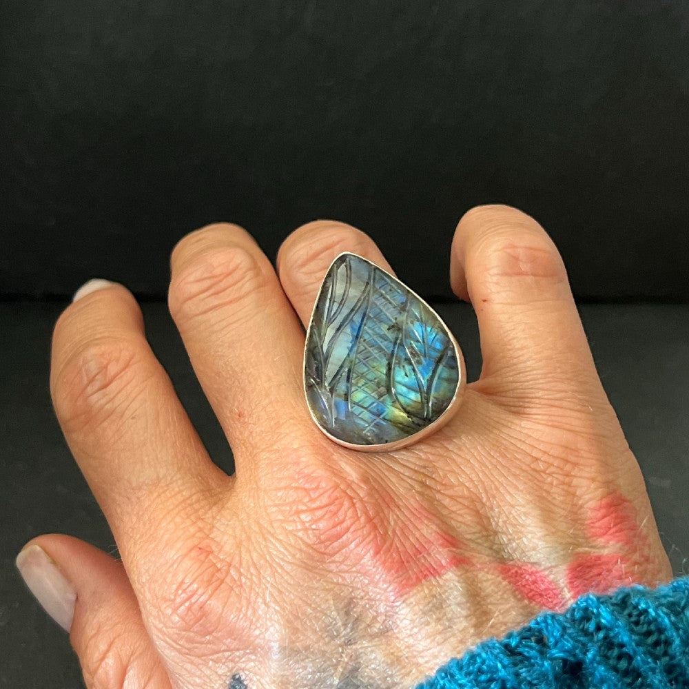 Carved Labradorite Sterling Silver Ring - Size R