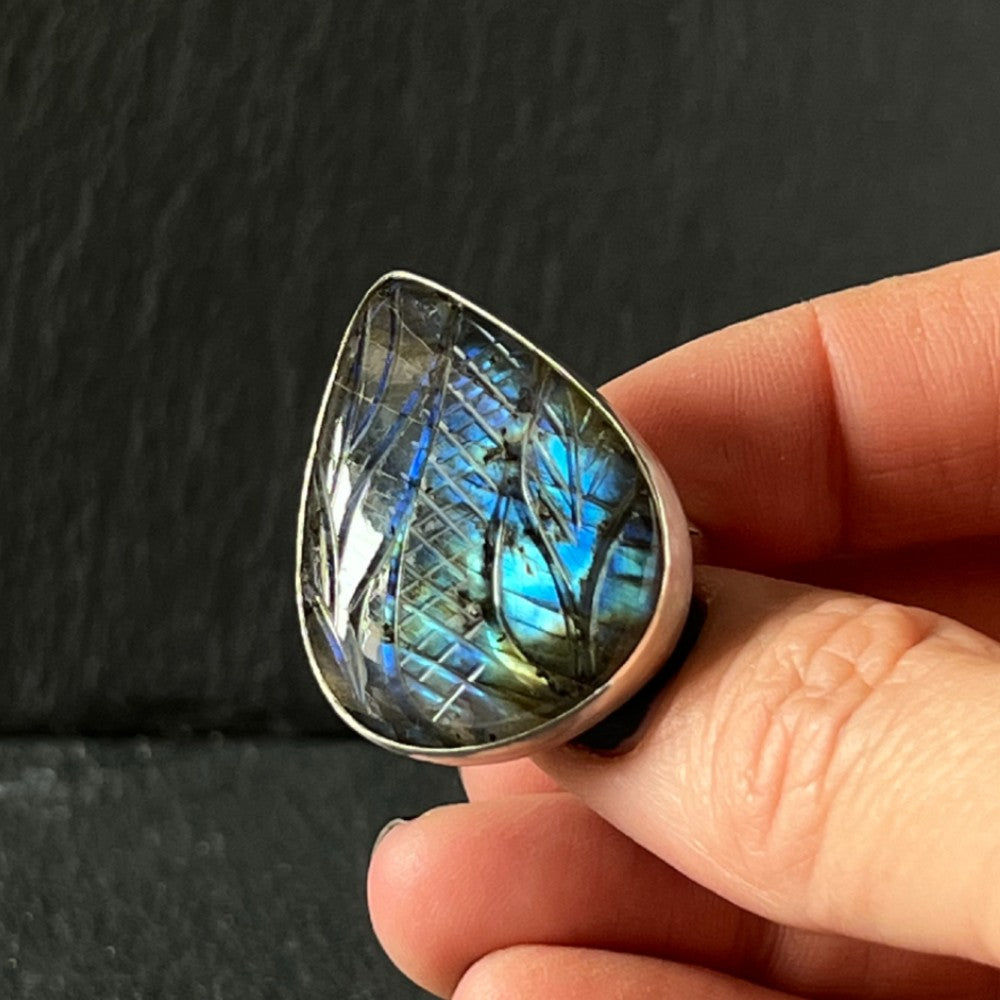 Carved Labradorite Sterling Silver Ring - Size R